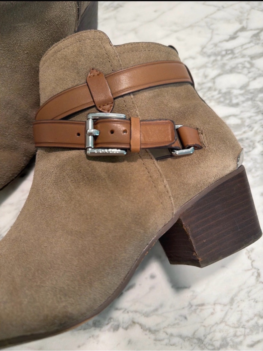 Coach Tan Suede Ankle Booties with Cognac Leather Straps - Picture 6 of 7